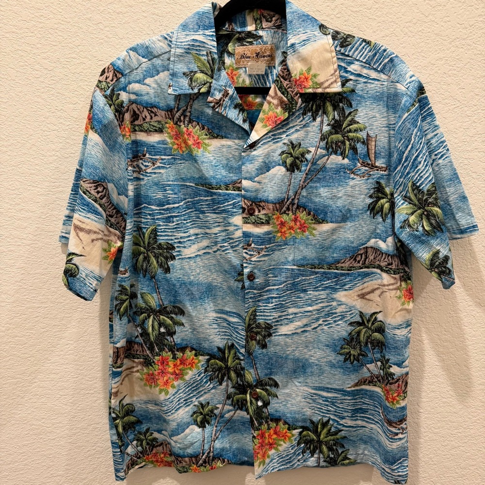 Blue Hawaii Mens Hawaiian Shirt Large Blue Tropical Beach Palm Tree Cotton HI